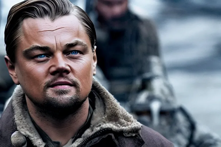 Image similar to close-up of Leonardo DiCaprio as a terrorist in the new movie directed by Adam McKay, movie still frame, promotional image, symmetrical shot, idiosyncratic, relentlessly detailed, limited colour palette