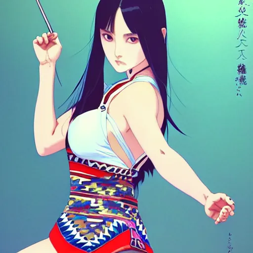 Image similar to a beautiful plus sized model japanese natalie portman, alluring plus sized model, wearing mayan leotard with elegant mayan apron overalls, street fashion hip hop style with mayan patterns, aztec street fashion, gapmoe yandere grimdark, trending on pixiv fanbox, painted by greg rutkowski makoto shinkai takashi takeuchi studio ghibli, akihiko yoshida