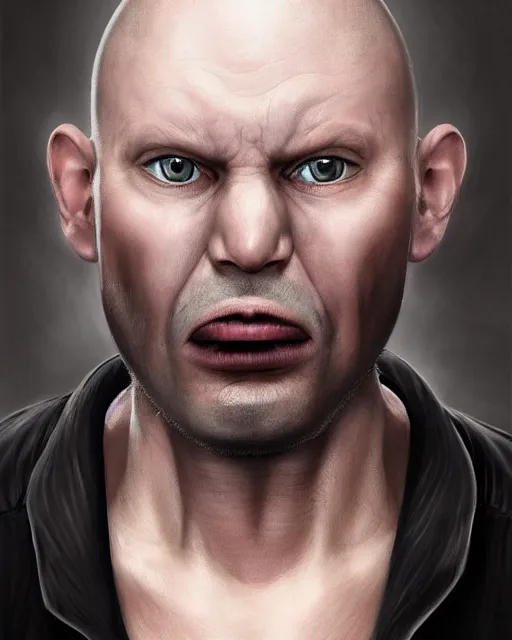 Prompt: portrait of a 4 0 - year - old bald man, with a white complexion, wide, cat - like scarlet eyes, a nose flat like a snake's nose, and a thin mouth, wearing in black clothes, hyper realistic face, beautiful eyes, character art, art by mark brooks, hyperdetailed, cryengine, trending on artstation, digital art