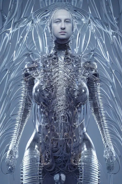 Image similar to iris van herpen, perfect symmetrical body, full body shot, inflateble shapes, wires, tubes, veins, jellyfish, white biomechanical details, wearing epic bionic cyborg implants, masterpiece, intricate, biopunk, vogue, highly detailed, artstation, concept art, cyberpunk, octane render