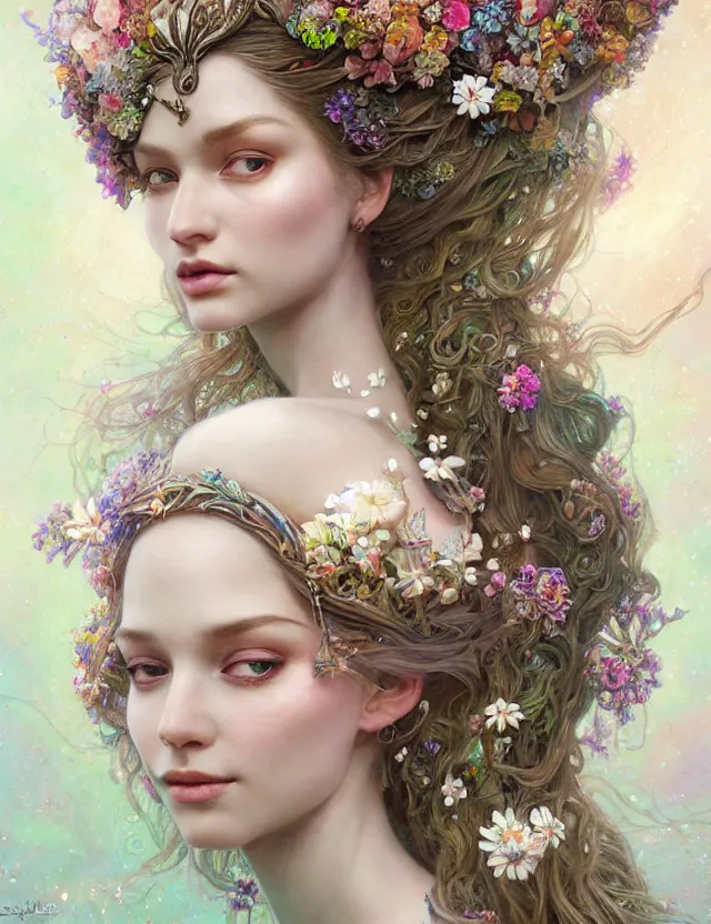 Image similar to organic goddess with flowers in hair, holographic white plastic and driftwood, fantasy, intricate, elegant, highly detailed, lifelike, photorealistic, digital painting, artstation, illustration, smooth, sharp focus, art by scott davidson, albert aublet, krenz cushart, artem demura, mucha