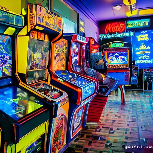 Prompt: A busy arcade in the 80's, perfect face, intricate, Sony a7R IV, symmetric balance, polarizing filter, Photolab, Lightroom, 4K, Dolby Vision, Photography Award