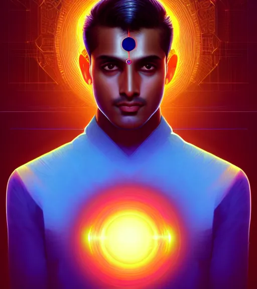 Image similar to symmetry!! indian prince of technology, solid cube of light, hard edges, product render retro - futuristic poster scifi, lasers and neon circuits, brown skin handsome indian prince, intricate, elegant, highly detailed, digital painting, artstation, concept art, smooth, sharp focus, illustration, dreamlike, art by artgerm