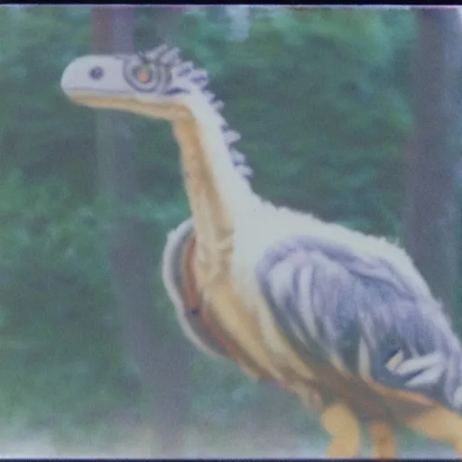 Image similar to blurry polaroid picture of a feathery dinosaur, 8K, HD, highly detailed, high quality