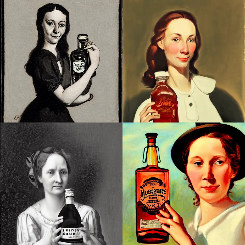 Prompt: of a beautiful woman holding a five - liter bottle of moonshine in front of her face, cartoon, portrait, photorealism