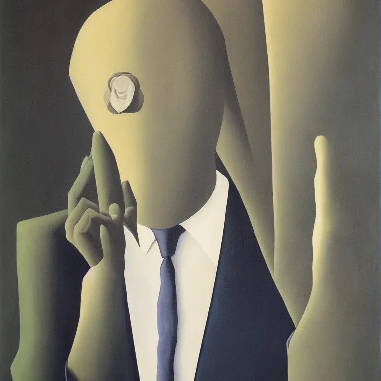 Image similar to portrait of a ghost in a suit, by rene magritte, detailed painting, hd, hq, high resolution, high detail, 4 k, 8 k