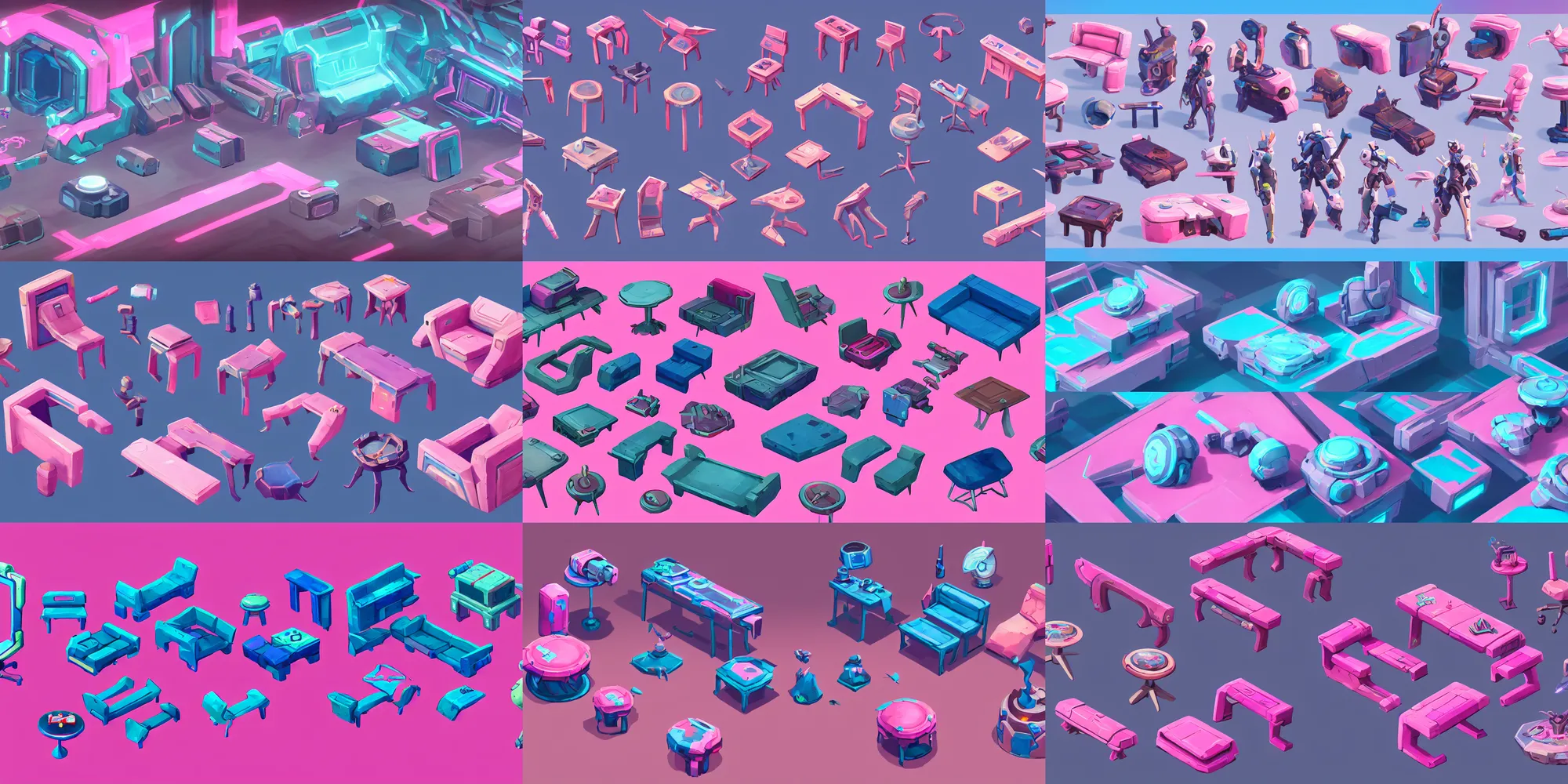 Prompt: game asset of futuristic furniture, in gouache detailed paintings, props, stylized, 2 d sprites, kitbash, arcane, overwatch, blue and pink color scheme, 8 k, close up