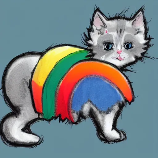 Image similar to wide angle full body, of a fluffy cute rainbow kitten wearing a black leather motorcycle jacket, concept art