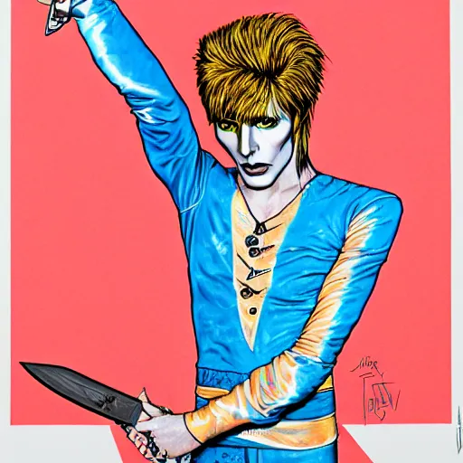 Image similar to Ziggy Stardust holding a Bowie knife, hand, james jean