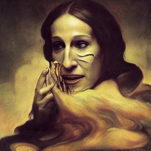 Prompt: mysterious portrait of sarah jessica parker emerging from the dark void eating slime, face partially melting like glitching out LSD effect, figure in the darkness of renaissance, serving big macs, Francisco Goya, highly detailed, 8k, trending on artstation