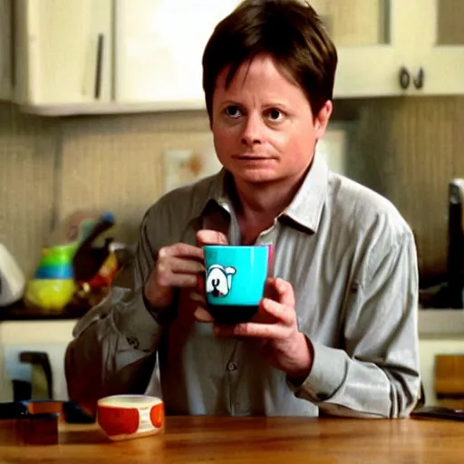 Image similar to Michael J Fox drinking holding a poop emoji mug