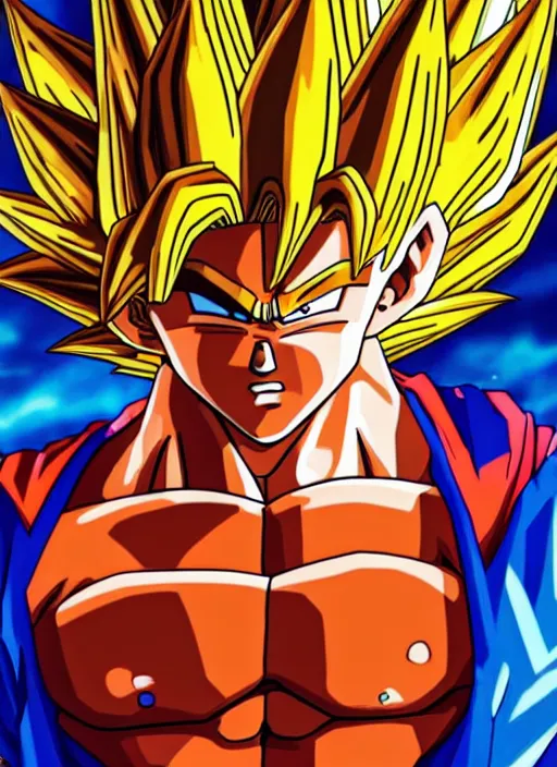 Image similar to a full portrait photo of super saiyan son goku, f / 2 2, 3 5 mm, 2 7 0 0 k, lighting, perfect faces, award winning photography.