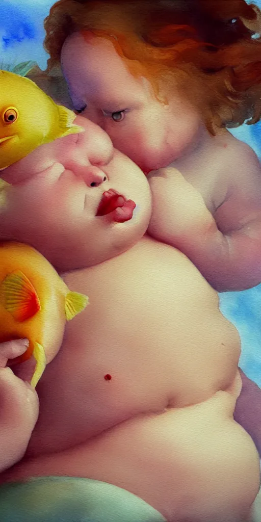 Image similar to a hype realistic oil painting of the most cute little fat girl kissing a huge colorful cute fish. hype realistic scene. old photography style. studio lighting. window. 3 d, octane render, deep focus, fashion style, white scene. very funny and sweet art. unreal engine. watercolor. fellini style. poster quality. da vinci painting style. illustration.