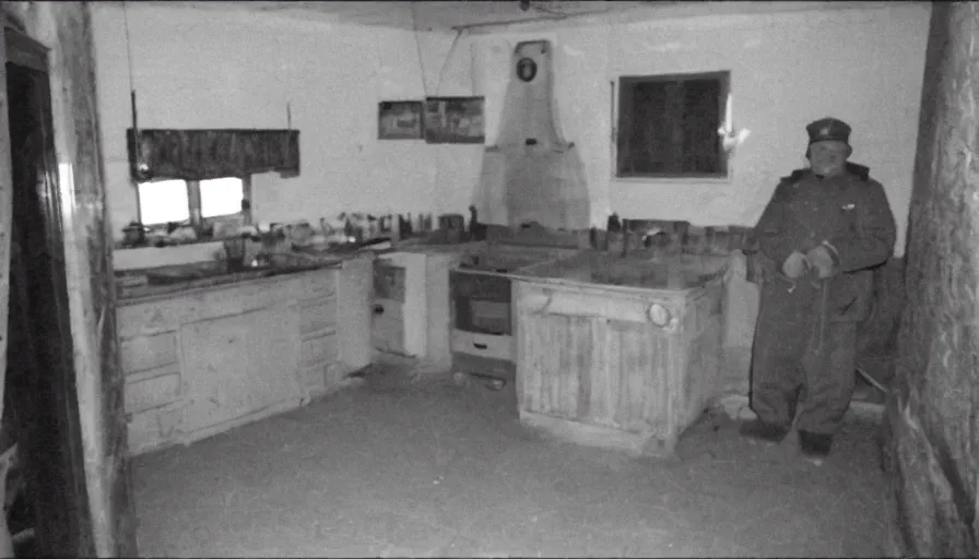 Image similar to a huge snake a man in a stalinist style kitchen, by mini dv camera, very very low quality, heavy grain, very blurry, accidental flash, webcam footage, found footage, security cam, caught on trail cam