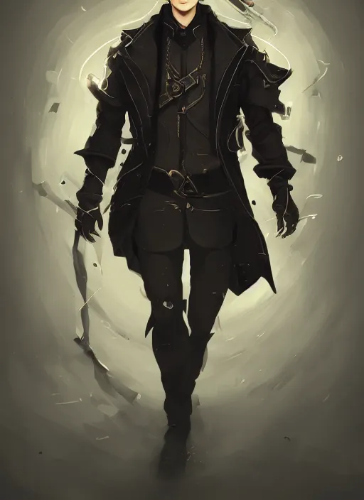 Image similar to a highly detailed illustration of young attractive black haired korean guy wearing black detective coat with coattails, heroic pose, strings background, intricate, elegant, highly detailed, centered, digital painting, artstation, concept art, smooth, sharp focus, league of legends concept art, wlop.