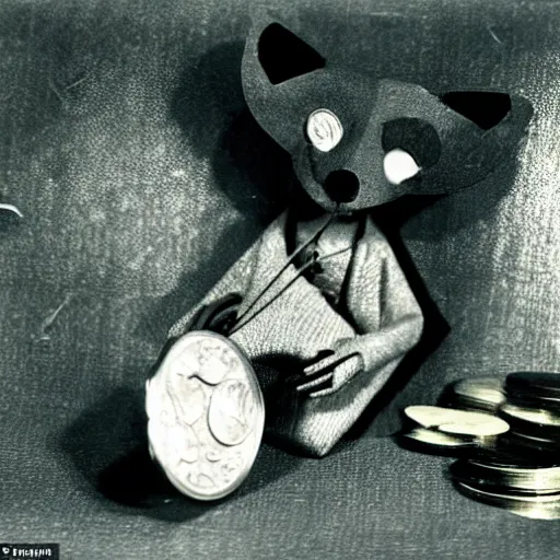 Image similar to anthropomorphic fox multi-jointed puppet who is a medieval knight holding golding coins, 1930s film still