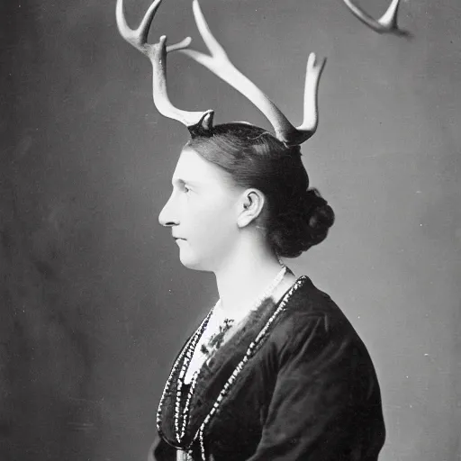 Prompt: Portrait of a 19th century woman with antlers, 1900s photography