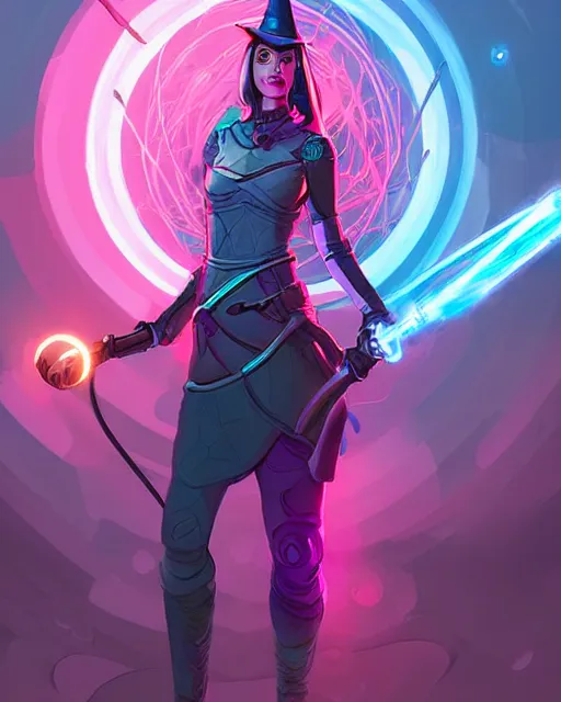 Prompt: A witch wielding a futuristic power staff, digital apex legends illustration portrait, gorgeous lighting, wide angle action dynamic portrait, perspective shot, art by Nick Sullo, Pink and blue palette, high contrast,