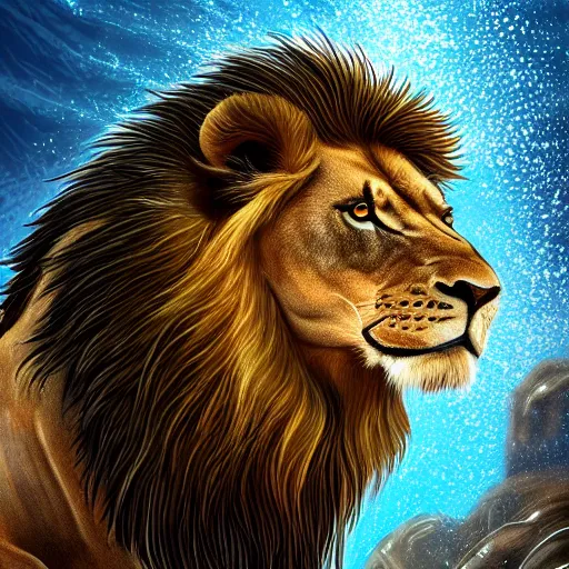 Image similar to a male lion's face breaching through a wall of water, headshot, water sprites, splashing, deep blue ocean, highly detailed, realistic digital art, trending on artstation