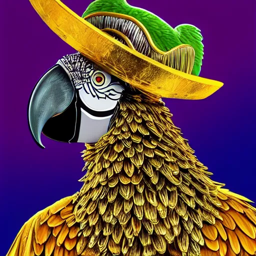 Image similar to parrots dressed in golden rings, necklaces and with caps on head, rapping and sitting on golden trees, rap scene, jungle concept art, trending on artstation, highly detailed, digital art, 8 k