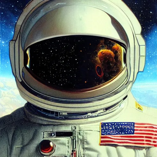 Image similar to a close up painting of an astronaut floating in space. his helmet visor is dark and reflective. you can see the reflection of the photographer in his helmet visor. by artgerm and greg rutkowski and alphonse mucha