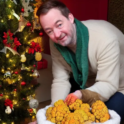 Image similar to David Mitchell admiring traditional christmas cauliflower