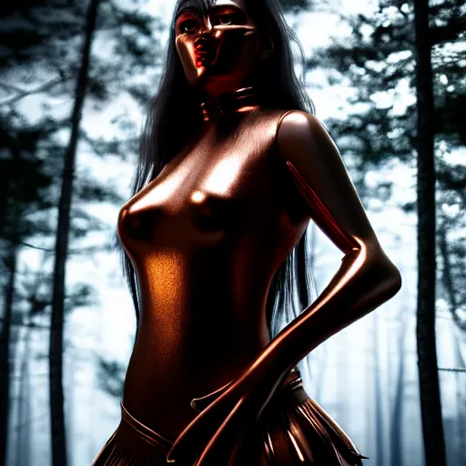 Image similar to highly detailed, ultra realistic, cinematic, woman full body with a copper nose and copper claws, high detail, 8 k, sharp focus, movie still, dramatic lighting, ray tracing, smooth, a female evil demonic character of kazakh mythology, jeztyrnak, standing in the night forrest