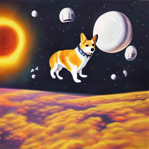 Image similar to surrealist painting of a corgi astronaut floating in outer space