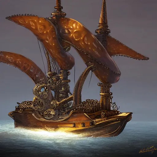 Prompt: A steampunk ship that looks like an octopus, digital art, hyperrealistic, epic, dramatic lighting