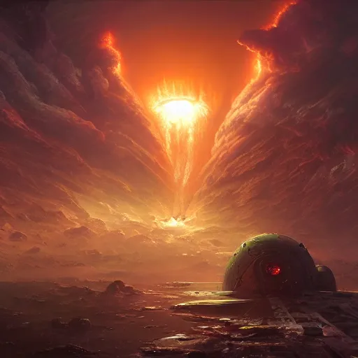 Image similar to enormous nuclear bomb explosion, sci - fi scene, fantasy, hd, volumetric lighting, 4 k, intricate detail, by jesper ejsing, irakli nadar