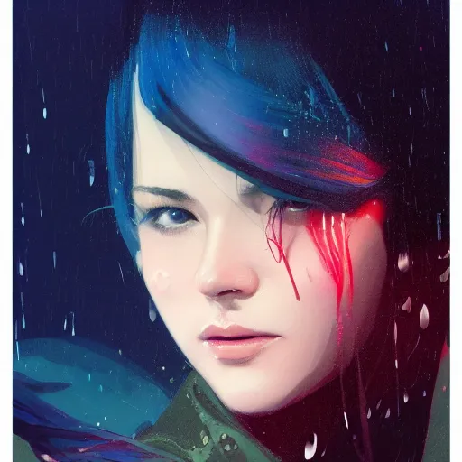 Prompt: woman in the rain looking down with cute - fine - face, pretty face, oil slick hair, perfect face, extremely fine details, volumetric lighting poster by ilya kuvshinov katsuhiro otomo, magali villeneuve, artgerm, jeremy lipkin and michael garmash and rob rey, and silvain sarrailh, and jinsung lim