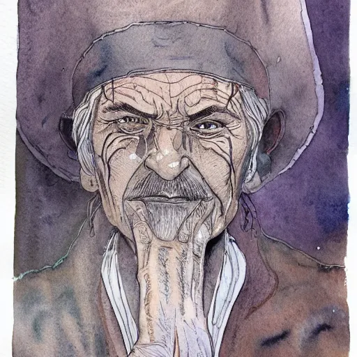 Prompt: a 3 / 4 view watercolor ink painting of old shaman his burns from the inside out, old mexican magician closes eyes, gray haired, in the style of jean giraud in the style of moebius trending on artstation deviantart pinterest detailed realistic hd 8 k high resolution