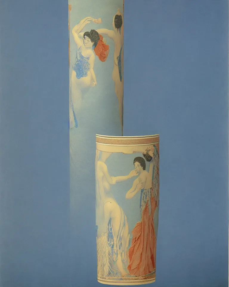 Image similar to achingly beautiful print of intricately painted ancient greek lekythos on a baby blue background by rene magritte, monet, and turner.