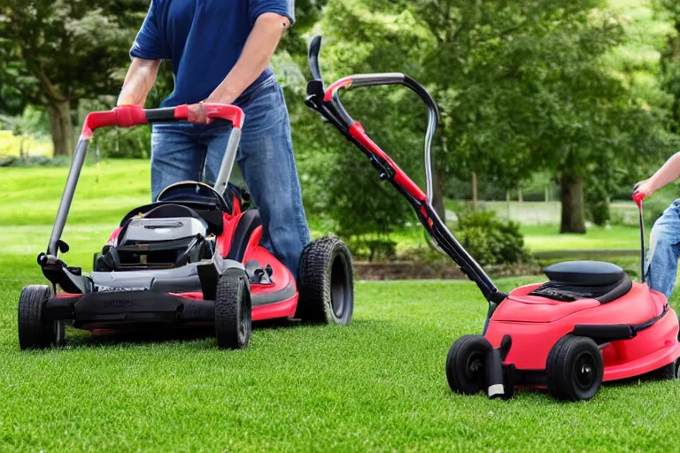 Image similar to lawn mower with a baby stroller attached