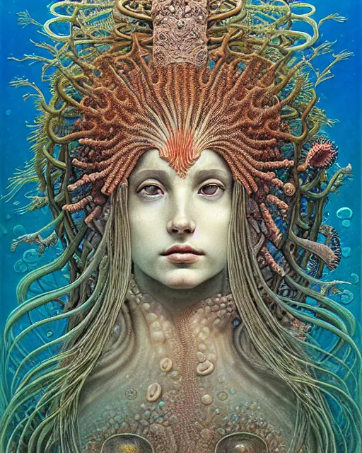 Image similar to realistic detailed underwater portrait of the beutiful young goddess of the fish of the three times with an intricate headdress of corals, sea kelp, sea plants, fish, jellyfish, art by ernst haeckel, zdzisław beksinski, h. r. giger, gothic, neo - gothic, ornamental,