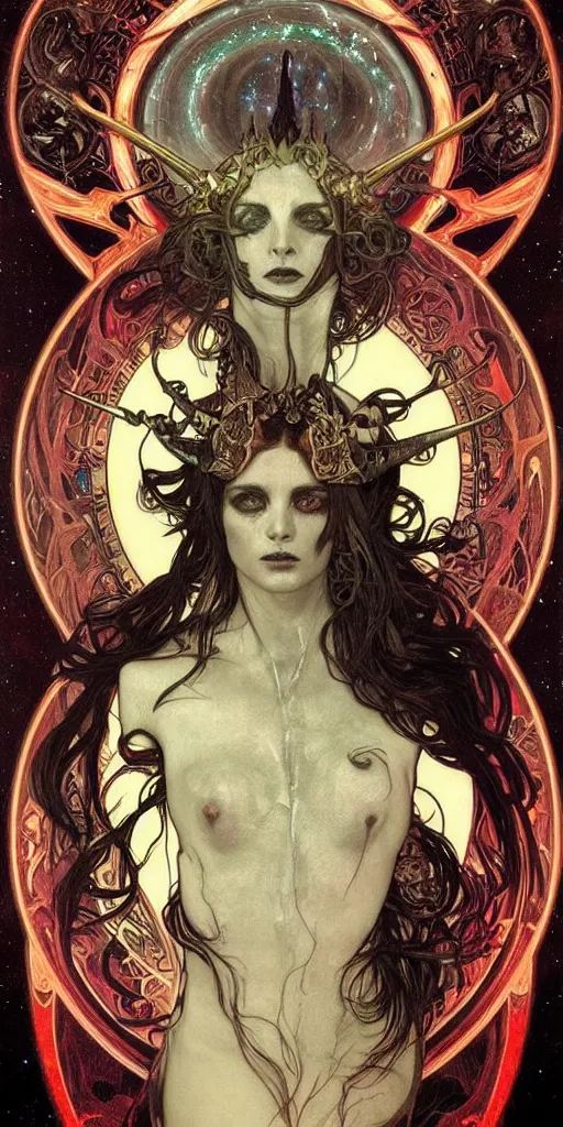 Image similar to intense glowing pagan black metal god with horns and veins and intense glowing eyes and a blood skull in very dark cosmic space by alphonse mucha and karol bak and beksinski and artgerm, portrait, fantasy, clear, light beams, lens flare, intense, uhd, amazing depth, cinematic lighting, shining gold and black and red