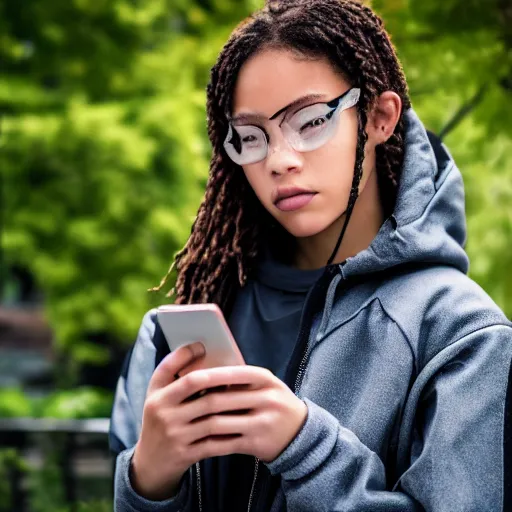 Image similar to candid photographic portrait of a poor techwear mixed young woman using a phone inside a dystopian city, closeup, beautiful garden terraces in the background, sigma 85mm f/1.4, 4k, depth of field, high resolution, 4k, 8k, hd, full color