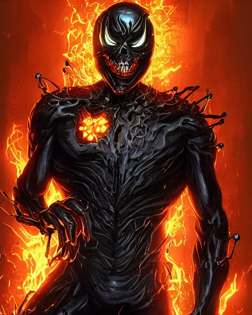 Image similar to ghost rider symbiote, dynamic lighting, fantasy concept art, trending on art station, stunning visuals, creative, cinematic, ultra detailed, comic strip style