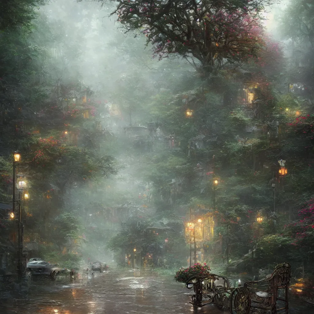 Prompt: It rained all night and washed the dirt away by Thomas Kinkade, Ellen Jewett, Jason Felix and Cedric Peyravernay, Ligne Claire featured on artstation, 8k, dslr, hyperreal