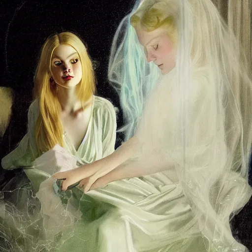 Prompt: Painting of Elle Fanning at a seance surrounded by ghosts, long blonde hair, delicate, pale milky white porcelain skin, spectral green glow, by Leyendecker and Norman Rockwell