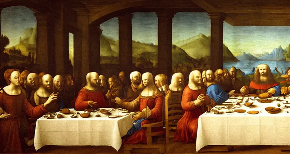 Prompt: painting of the final dinner, leonardo da vinci