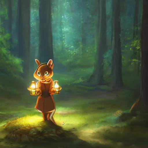 Image similar to concept art painting of an anthropomorphic anime chipmunk wearing a yellow cloak, holding a lantern, in the deep forest, realistic, detailed, cel shaded, in the style of makoto shinkai and greg rutkowski and james gurney