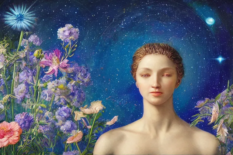 Prompt: hyperrealism, portrait of a young beautiful android melting with another android mixed with flowers in blue desert and night stars cosmos with blue clean sky, spiral composition, in style of classicism