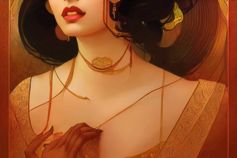 Image similar to sensual bengali girl, art deco portrait, elegant, intricate, digital painting, artstation, concept art, smooth, sharp focus, illustration, art by artgerm and greg rutkowski and alphonse mucha