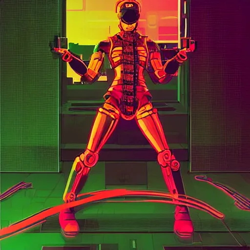 Prompt: “ a highly detailed full body portrait of a cyborg ninja by ilya kuvshinov in synthwave style with a cyberpunk colorful background with brokeh effect ”