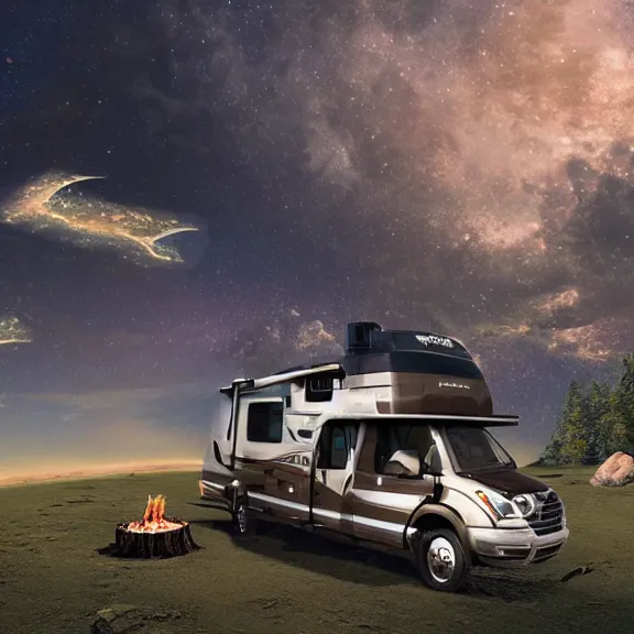 Prompt: Camping with RV by the beach, science fiction matte painting, highly detailed,