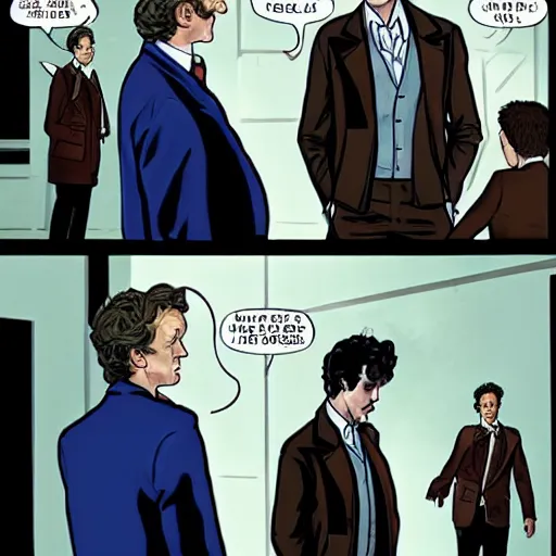 Prompt: the 1 1 th doctor from doctor who meeting sherlock holmes from sherlock in the tardis of the 1 1 th doctor