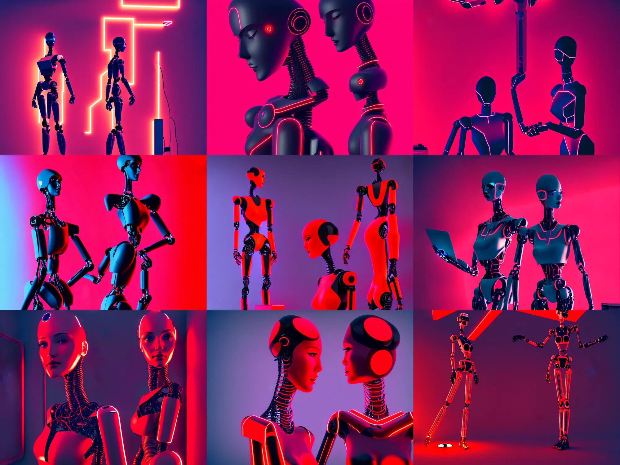 Prompt: beautiful tall female robot printed with red and black 3 d geometrical neon + guarding a wall of computers!!!! + flowering vaporwave orchids transcendent, clean linework, dramatic, finely detailed, 4 k, trending on artstation, photorealistic, award winning, volumetric lighting, octane render