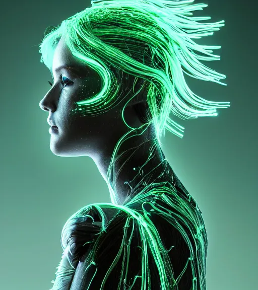 Image similar to bioluminescent long exposure light painting of a beauteous biomechanical practical sumptuous full frame photo realistic face, lifelike incredible hair, crystalline masterpiece incrustations, hyperdetailed face, elegant pose, movie still, intricate, octane render, cinematic forest lighting,