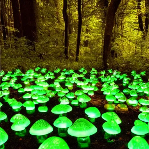 Image similar to glowing green jello mushrooms in a mystical forest, firefly trails